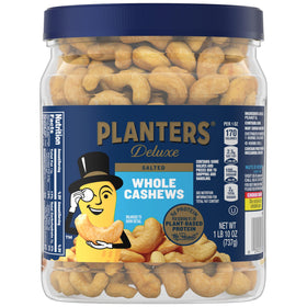 Planters Fancy Whole Cashews with Sea Salt in a resealable jar for fresh, on-the-go snacking.