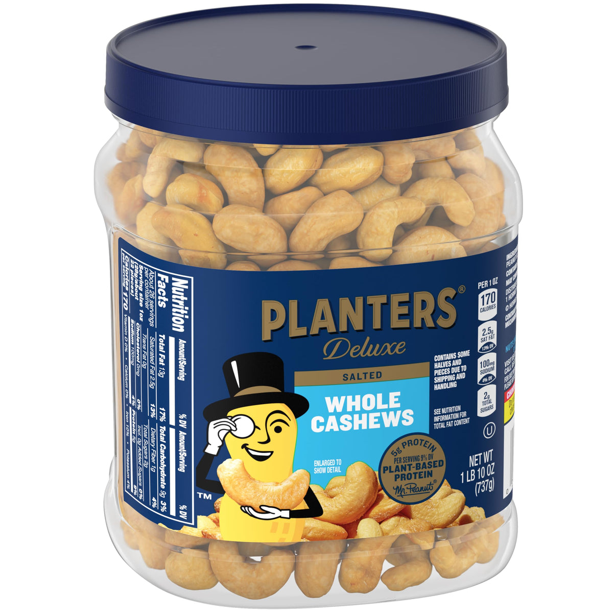 Close-up of Planters Fancy Whole Cashews with Sea Salt roasted in peanut oil for crisp flavor.