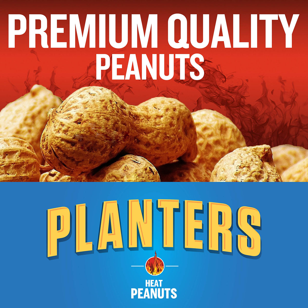 Planters Heat Peanuts bag close-up highlights spicy chili seasoning.