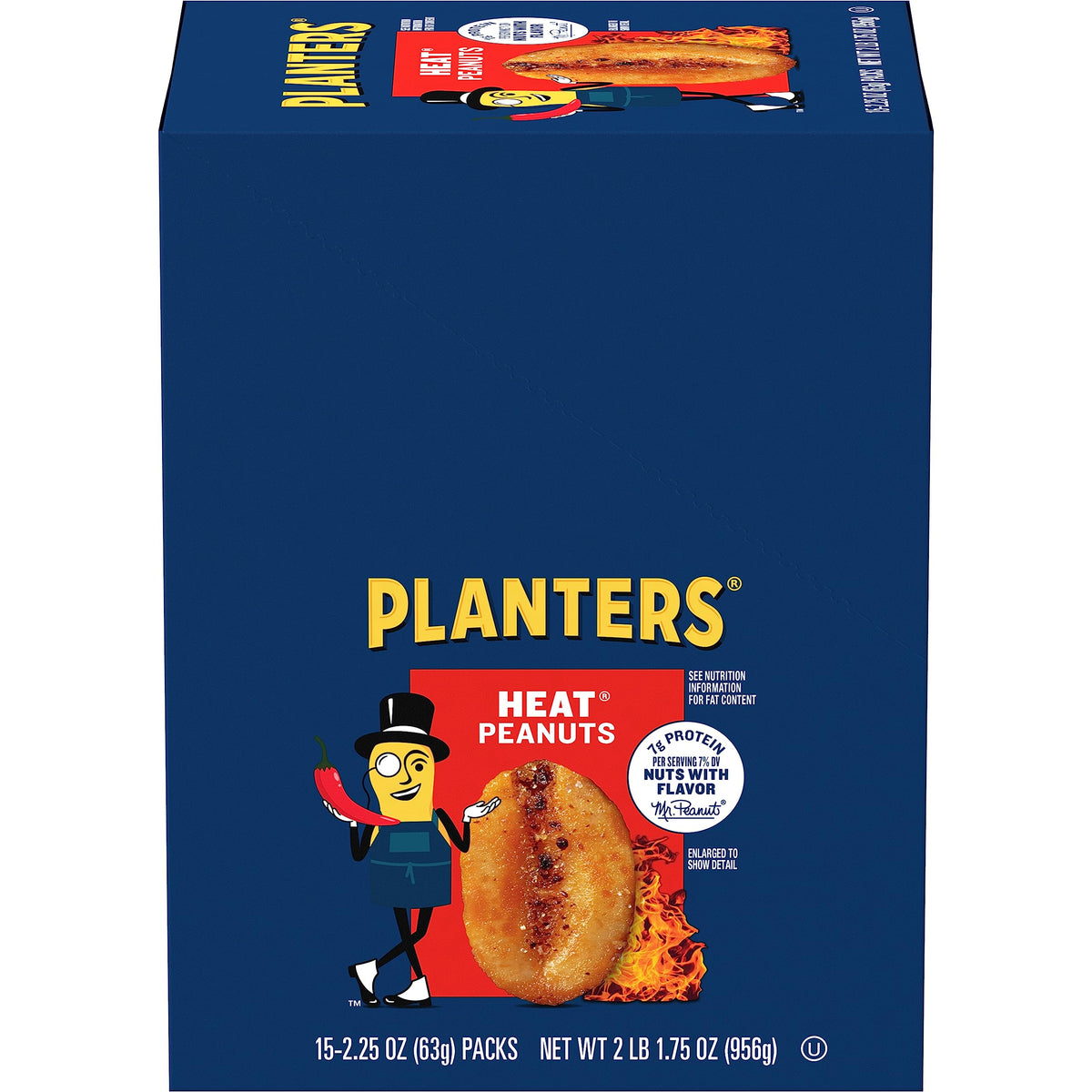 Planters Heat Peanuts bag front showing bold spicy flavor for on the go