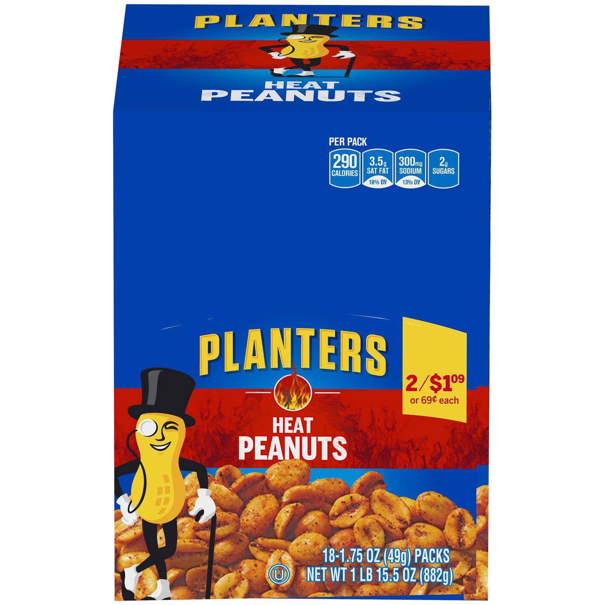Planters Heat Peanuts box shows 18 individual bags for convenient snacking.