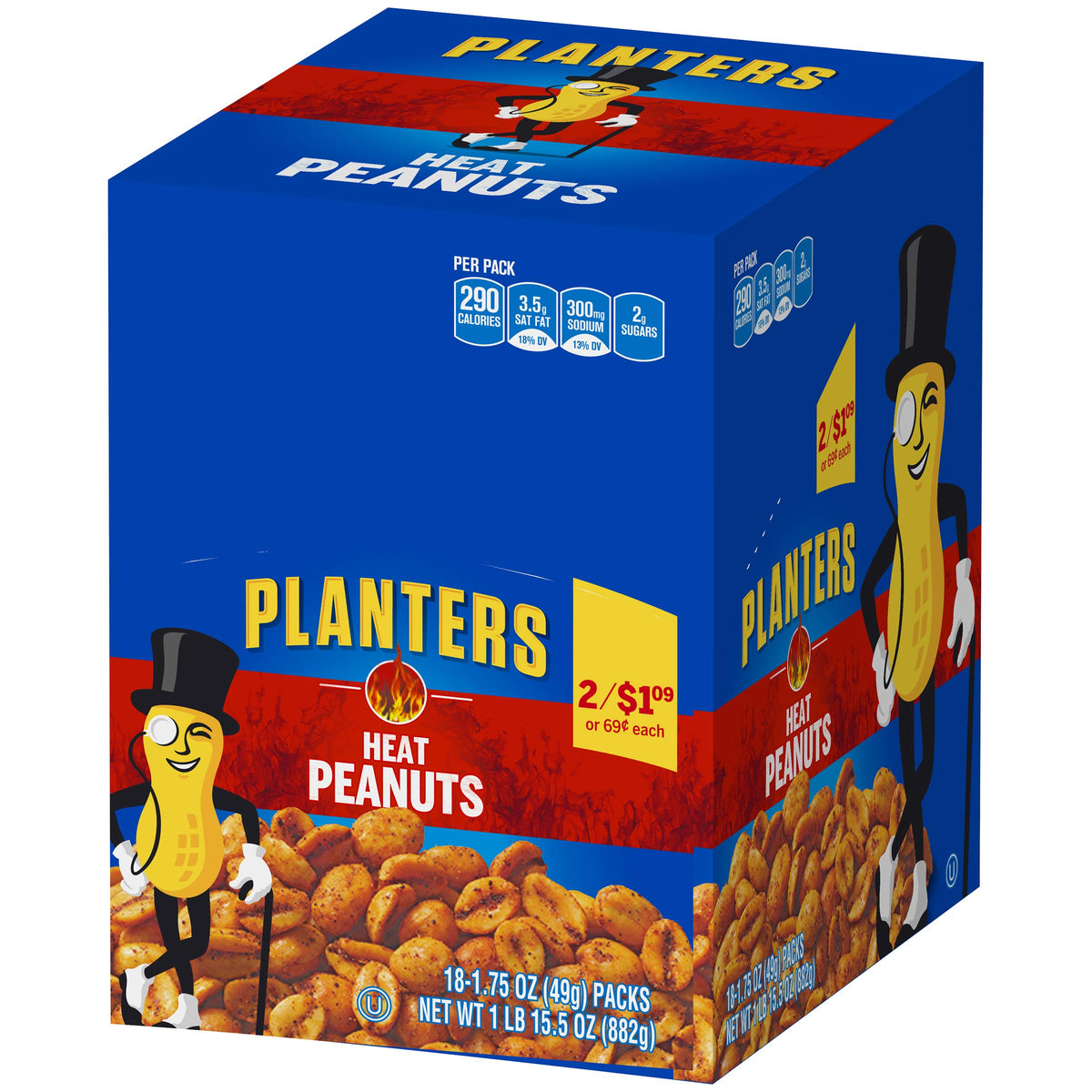 Planters Heat Peanuts Kosher-certified label signals quality and traditional snack.