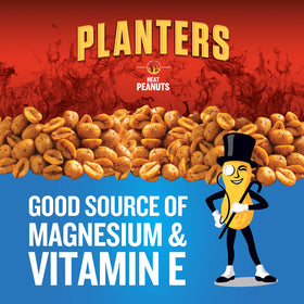 Planters Heat Peanuts close-up emphasizes roasted texture and heat.