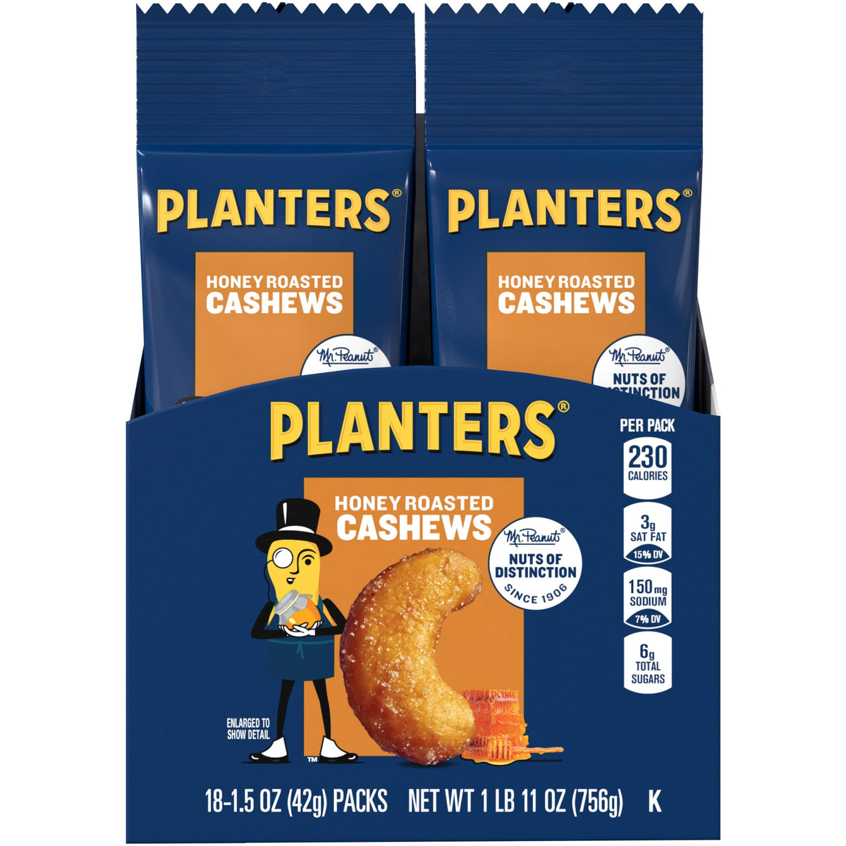 Planters Honey Roasted Cashews bag close-up with glaze, ideal for on-the-go snacking.