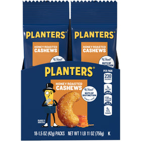 Planters Honey Roasted Cashews bag close-up with glaze, ideal for on-the-go snacking.