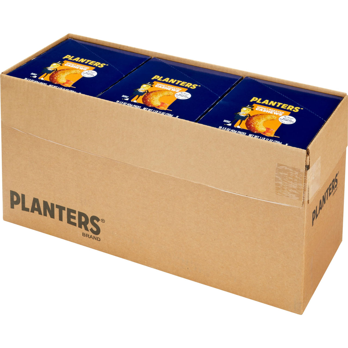 Planters Honey Roasted Cashews eighteen-pack box on a pantry shelf.