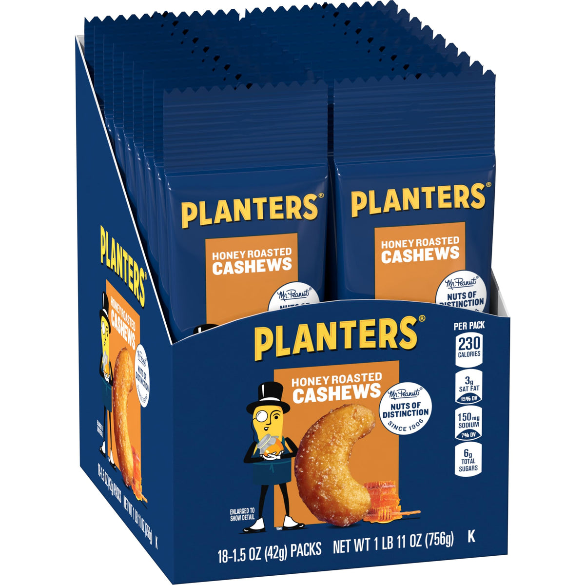 Planters Honey Roasted Cashews on store shelf, ready for quick snacking.