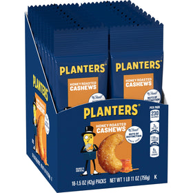 Planters Honey Roasted Cashews on store shelf, ready for quick snacking.