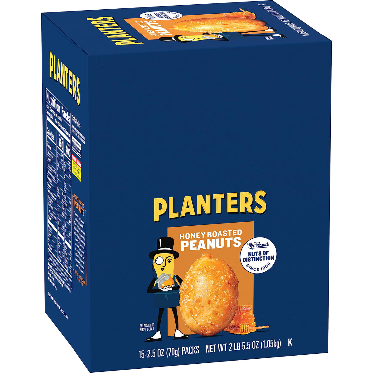 PLANTERS Honey Roasted Peanuts bag shows a convenient on-the-go snack with honey and sea salt.