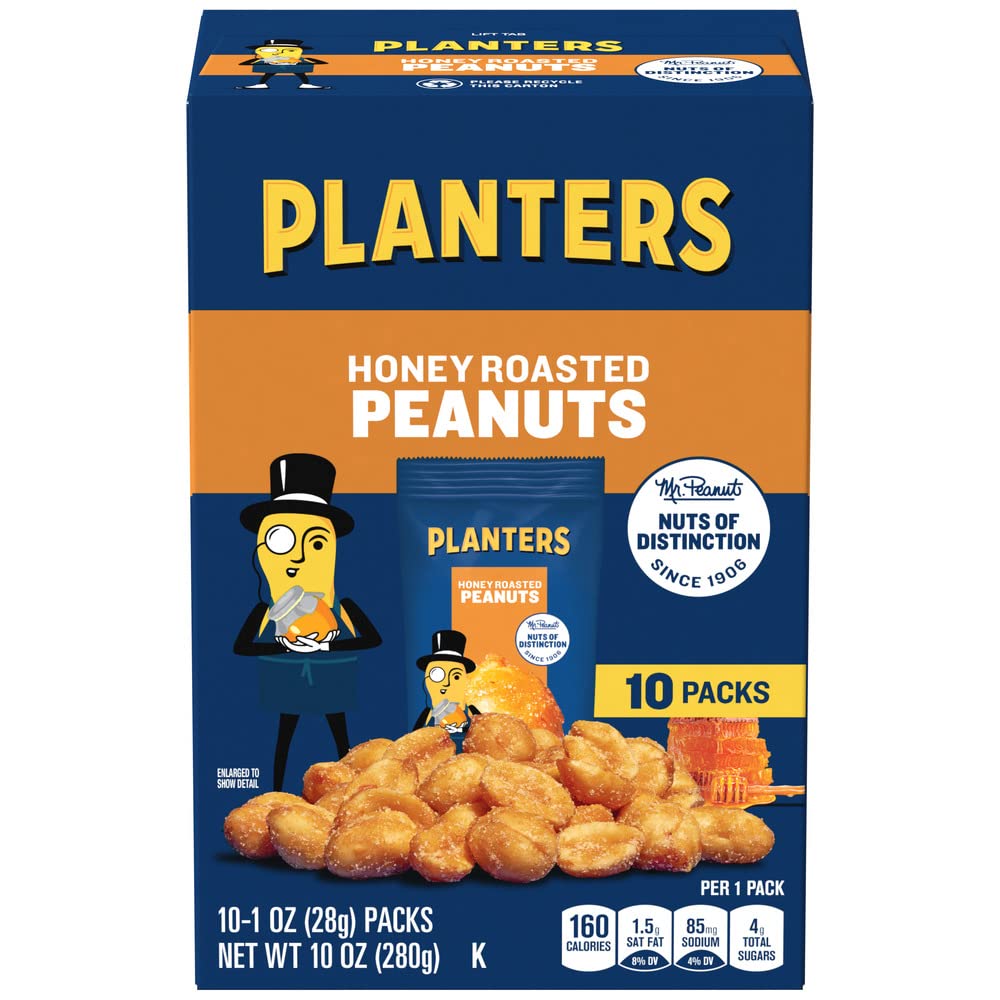 Planters Honey Roasted Peanuts box packaging, convenient 10-pack for sharing