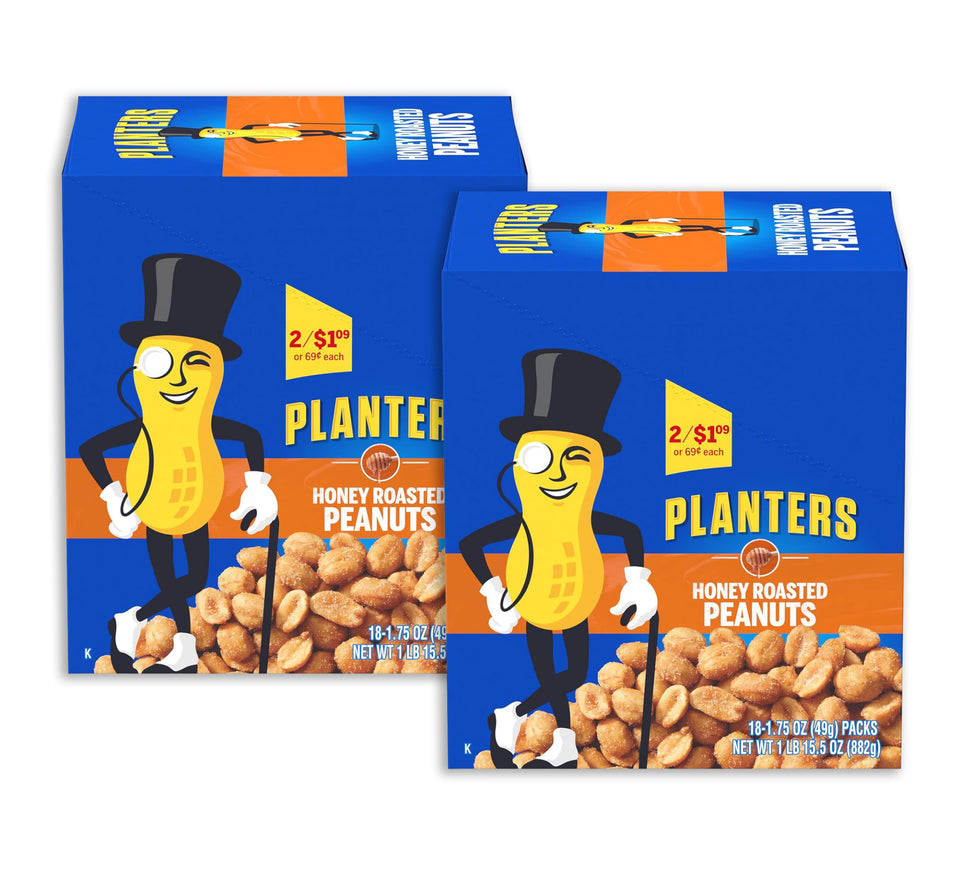 Planters Honey Roasted Peanuts front label, popular pantry snack