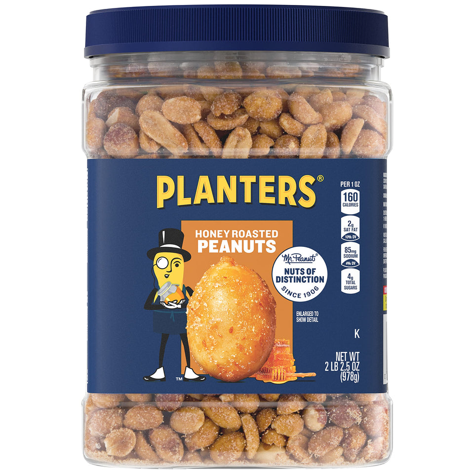 PLANTERS Honey Roasted Peanuts jar—protein-packed snack for on-the-go energy.