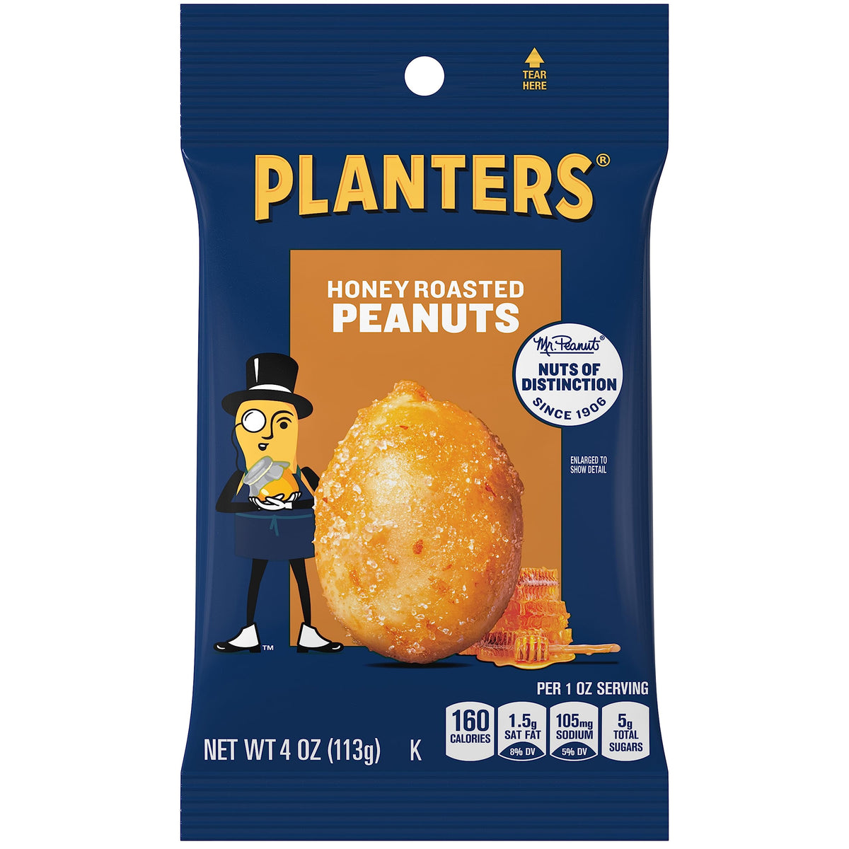 Planters Honey Roasted Peanuts pack-shot highlighting a 4 oz bag for entertaining