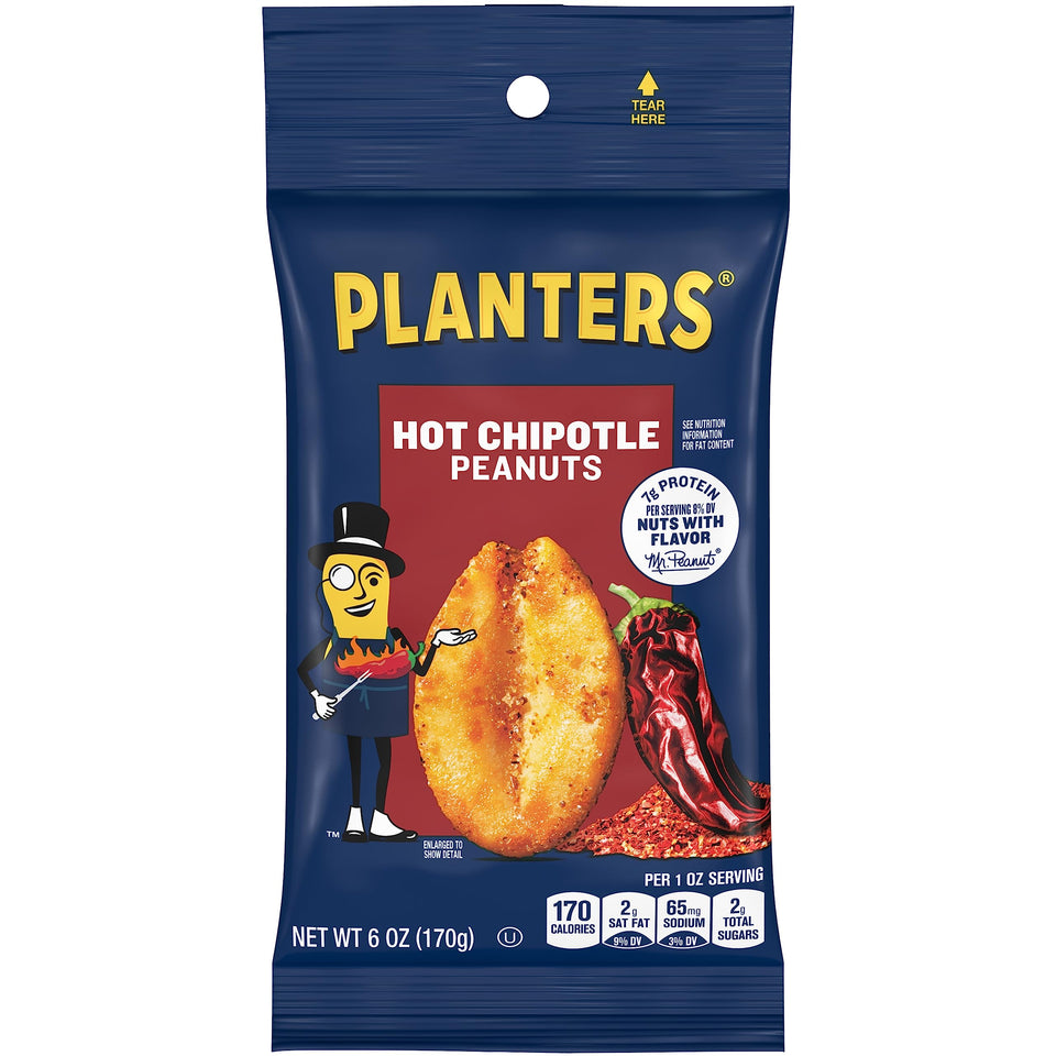 Planters Hot Chipotle Peanuts bags show portable, flavorful spice for on-the-go snacking.