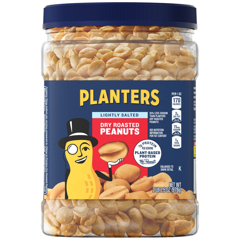 PLANTERS light salted dry roasted peanuts canisters offer fresh bulk snacking.