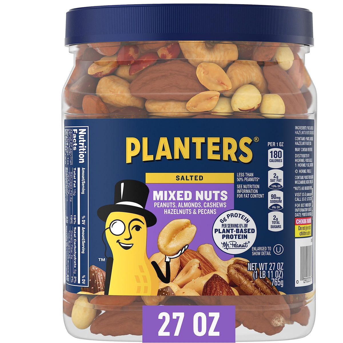 Planters mixed nuts salted 27 oz jar front view highlighting resealable lid for freshness.