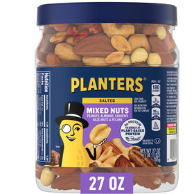 Planters mixed nuts salted 27 oz jar front view highlighting resealable lid for freshness.