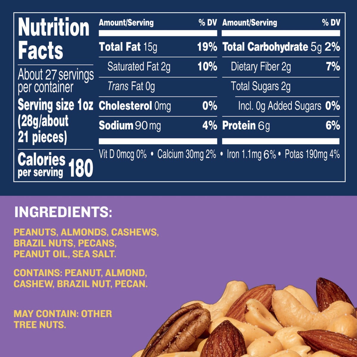 Planters mixed nuts label closeup showing kosher certification and sea salt.