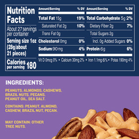 Planters mixed nuts label closeup showing kosher certification and sea salt.