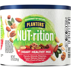 PLANTERS Nut-Rition Heart Healthy Mix canister on pantry shelf, ideal for on-the-go snacking.