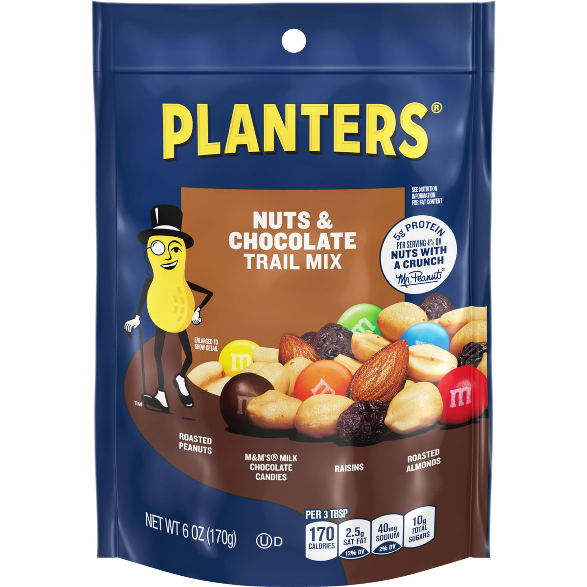 PLANTERS Nuts & Chocolate Trail Mix 6 oz bag closeup, ideal for on-the-go snacking