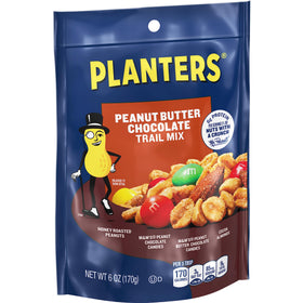 Planters Peanut Butter Chocolate Trail Mix pouch shows resealable packaging for fresh, on-the-go snacking