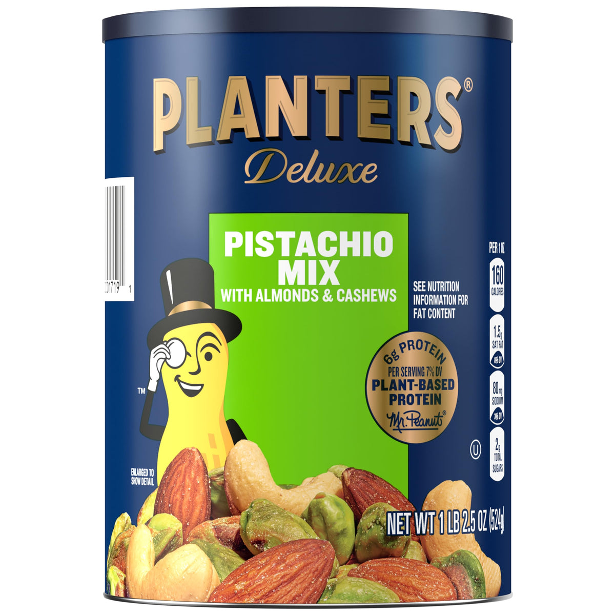 PLANTERS Pistachio Lovers Nut Mix canister with shelled pistachios for on-the-go snacking.
