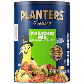 PLANTERS Pistachio Lovers Nut Mix canister with shelled pistachios for on-the-go snacking.