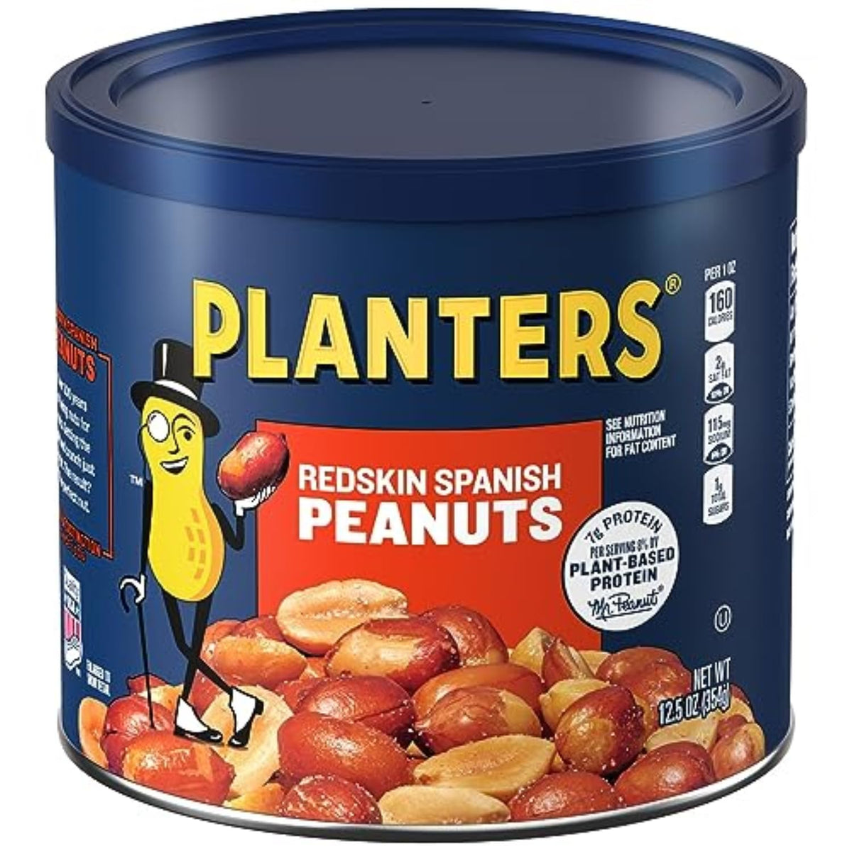 Planters Redskins Spanish peanuts in a resealable jar showcase fresh honey-salted flavor for snacking.
