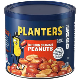 Planters Redskins Spanish peanuts in a resealable jar showcase fresh honey-salted flavor for snacking.