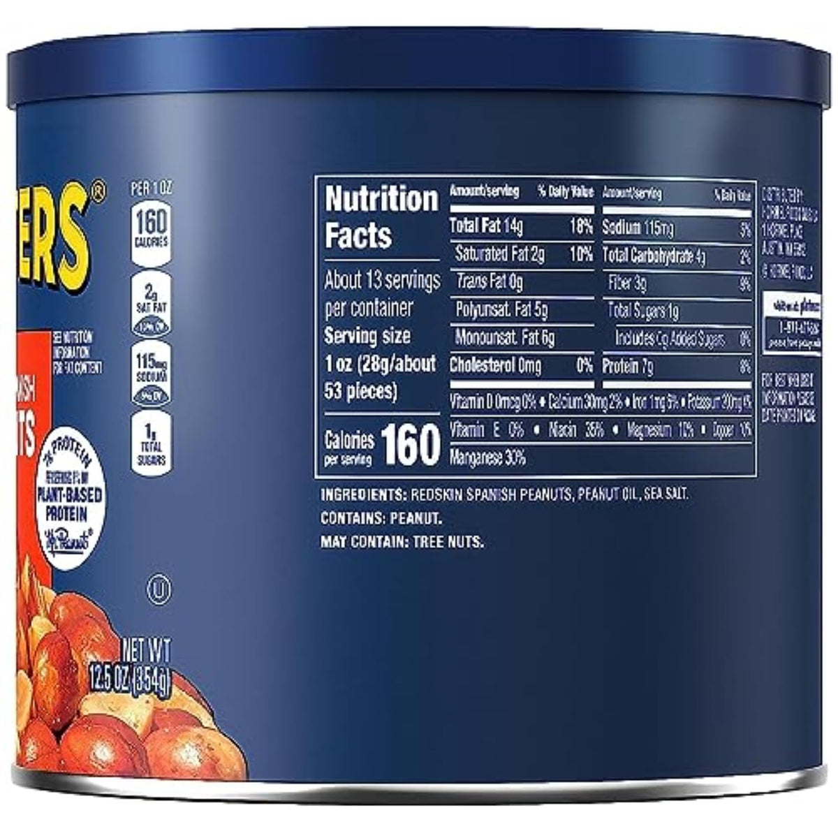 Planters Redskins Spanish peanuts lid close-up highlights freshness and spill-free storage.