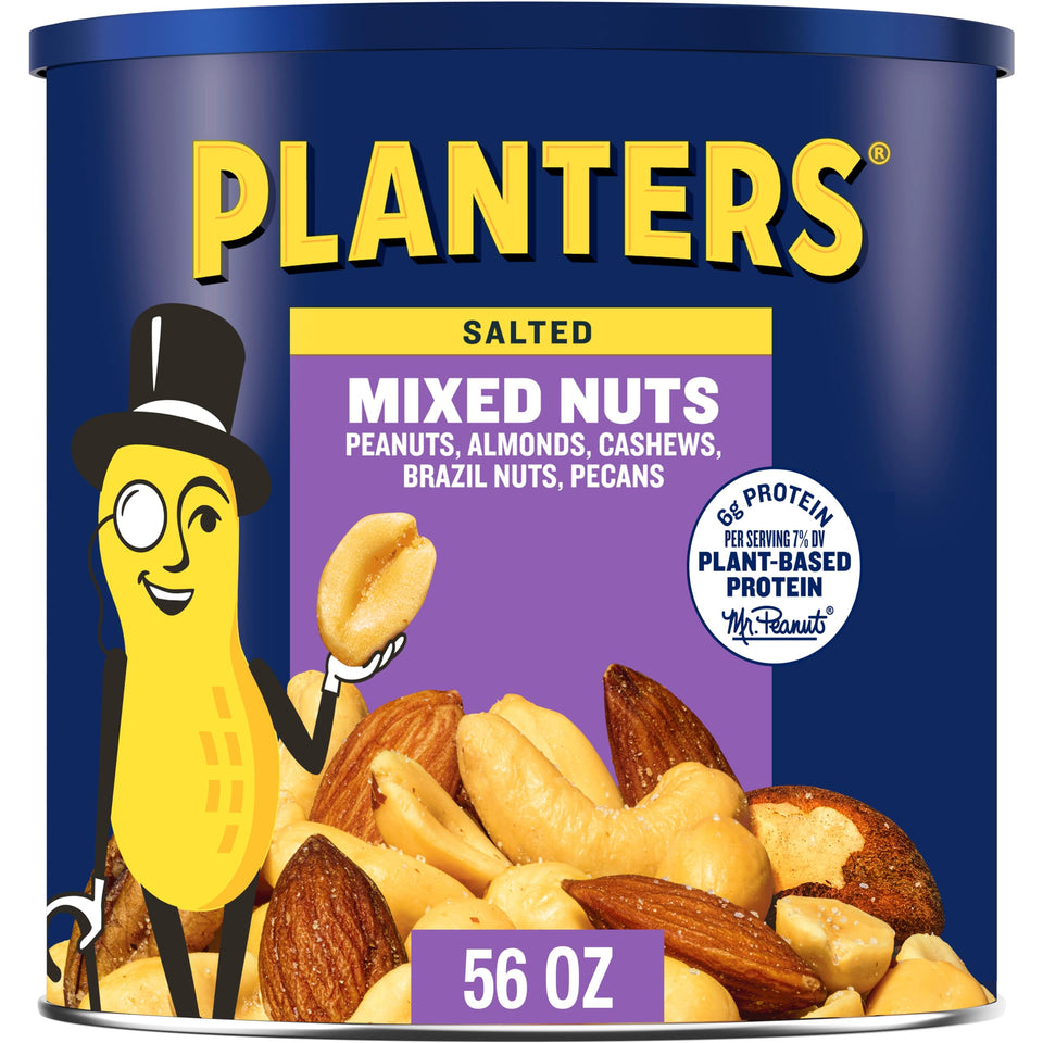 PLANTERS Salted Mixed Nuts canister on a kitchen shelf for fresh, convenient snacking