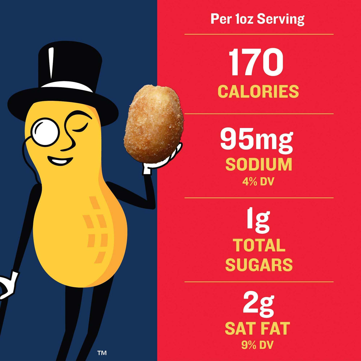 Planters Salted Peanuts box back with nutrition details for mindful snacking.