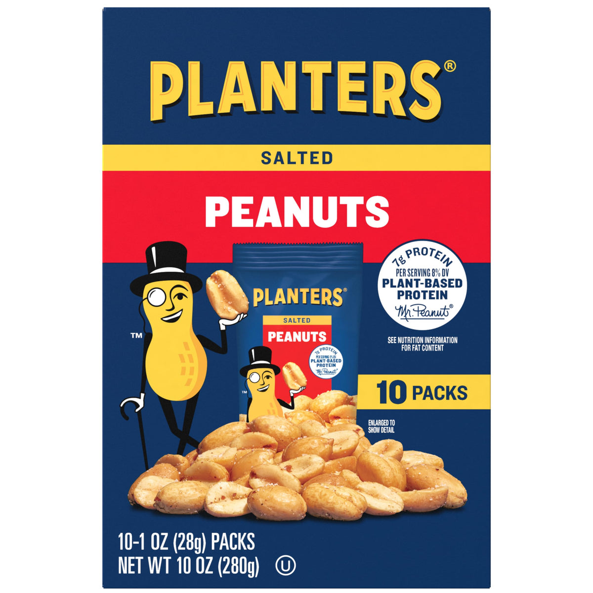 Planters Salted Peanuts box front, ideal for quick on-the-go snacking.