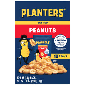 Planters Salted Peanuts box front, ideal for quick on-the-go snacking.