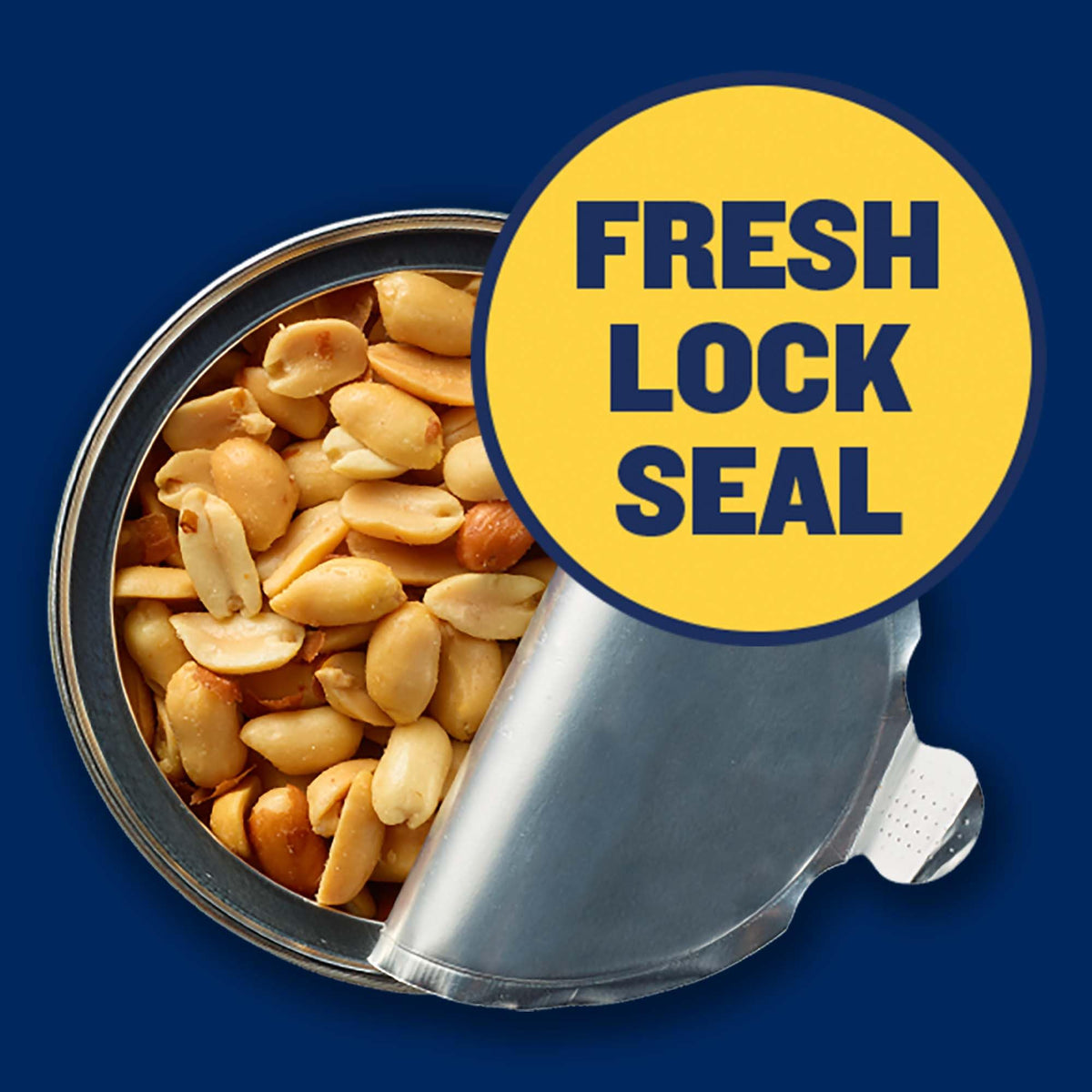 Planters Salted Peanuts resealable lid highlighting freshness.