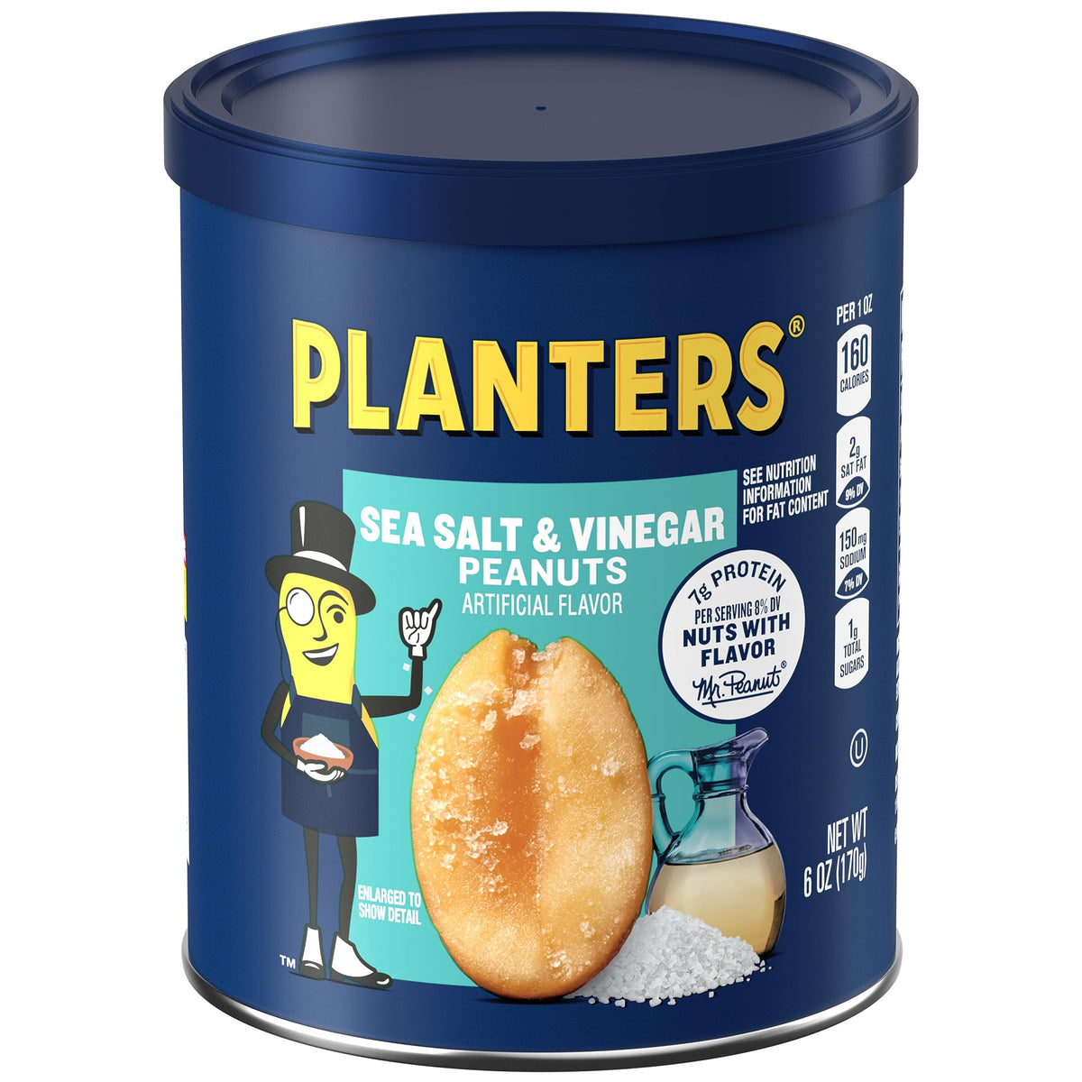 Planters Sea Salt & Vinegar peanuts in a 6oz canister deliver bold crunch