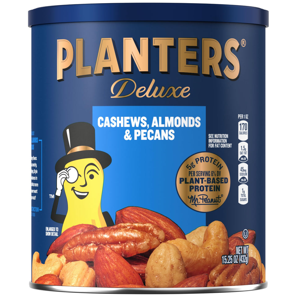 Planters Select Cashews, Almonds & Pecans jar front highlighting premium mixed nuts for snacking