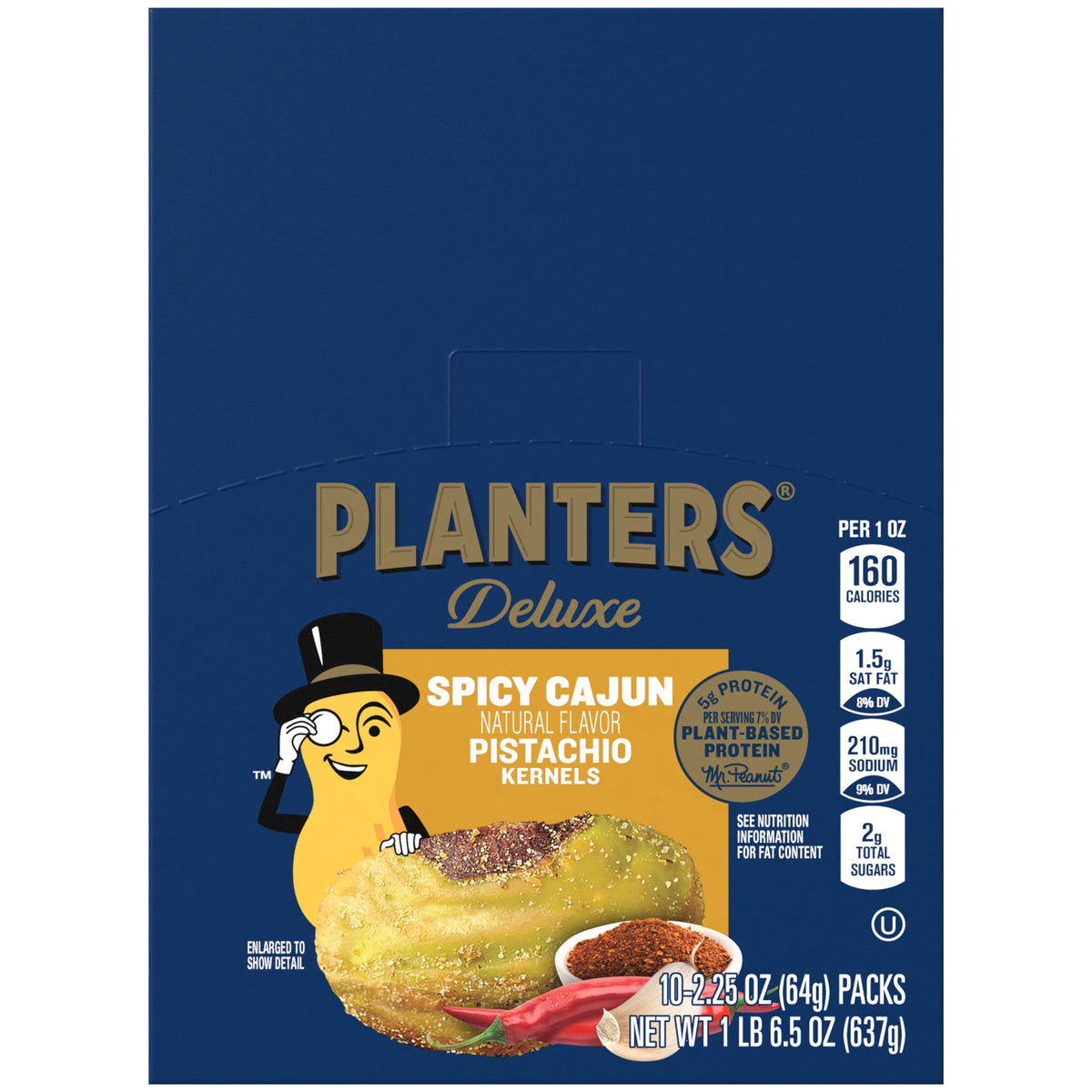 PLANTERS Spicy Cajun Pistachio Kernels in a 10-pack, perfect for on-the-go snacking and bold flavor.