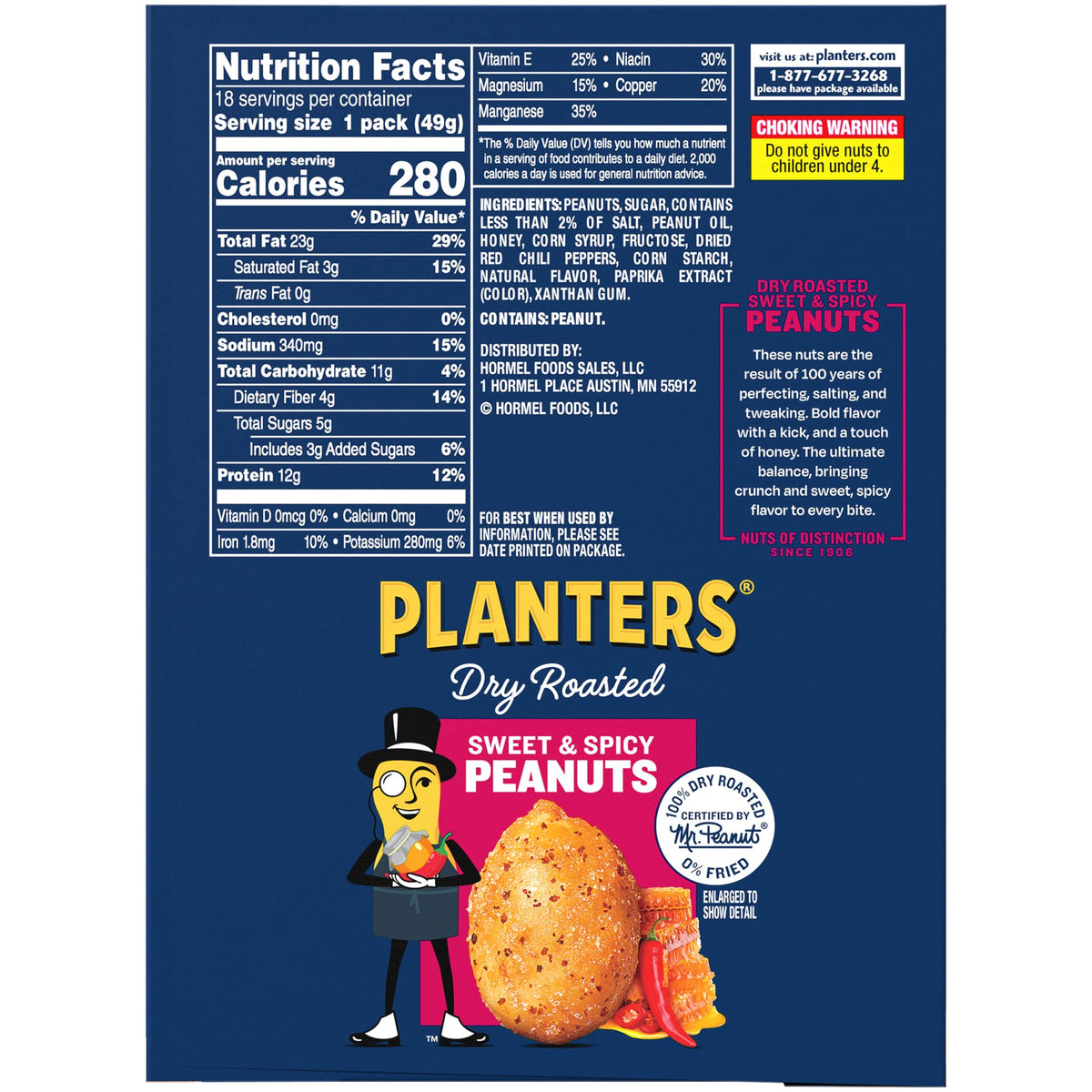 Planters Sweet and Spicy Peanuts dry roasted detail emphasizes protein-rich snack.