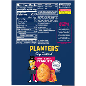 Planters Sweet and Spicy Peanuts dry roasted detail emphasizes protein-rich snack.