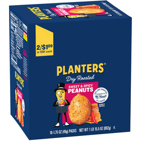Planters Sweet and Spicy Peanuts pack view highlighting convenient 1.75 oz servings.