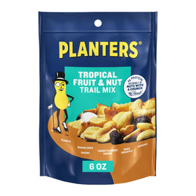 Planters Tropical Fruit & Nut Trail Mix pack shot featuring a 6 oz resealable pouch for on-the-go snacking