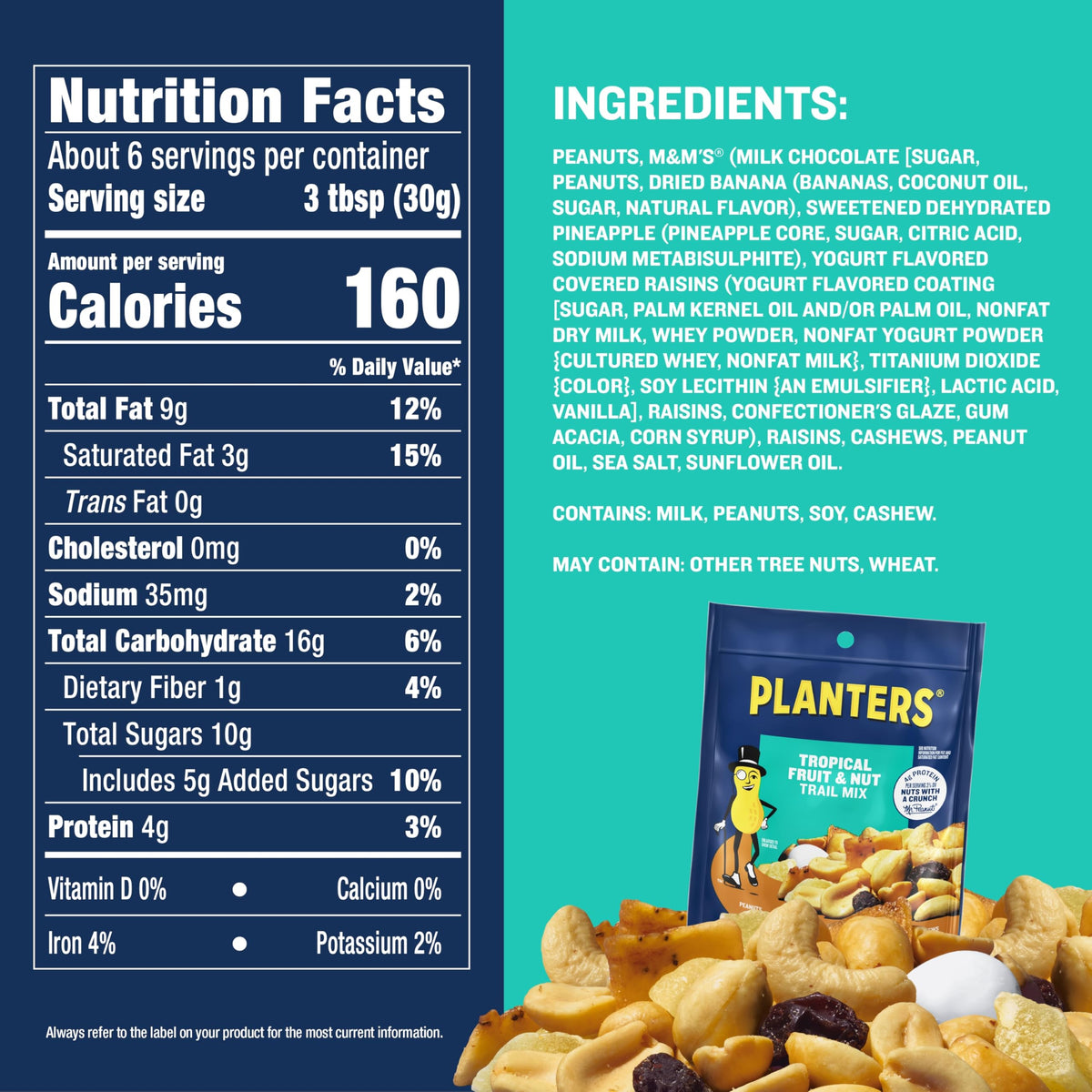Planters trail mix raisins and yogurt-covered raisins add chewiness and a touch of sweetness
