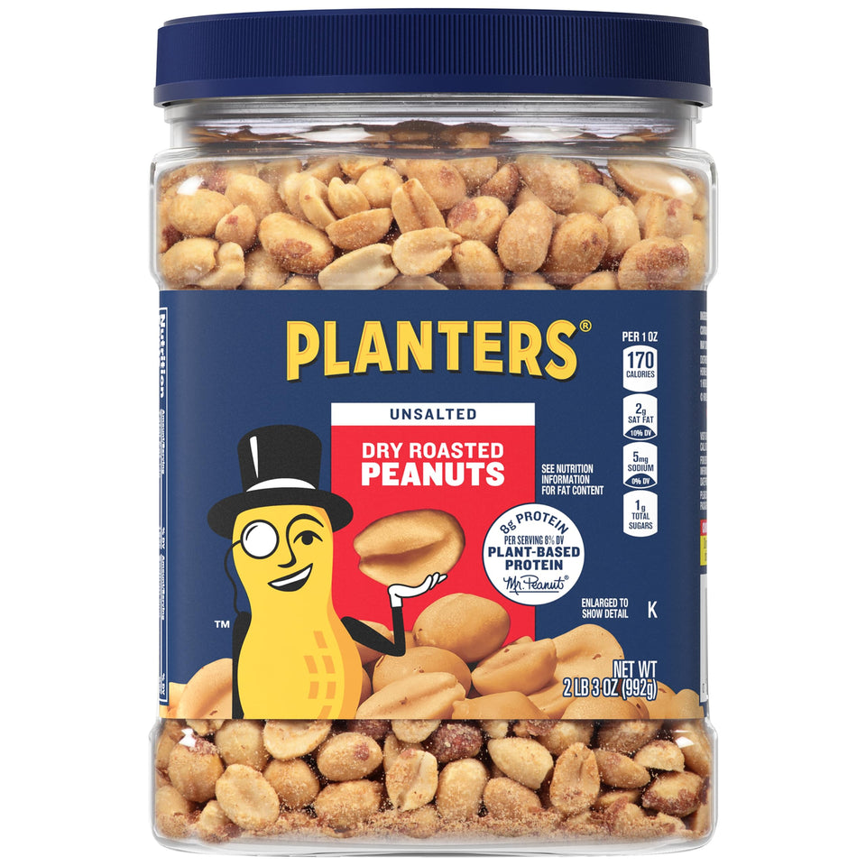 Planters unsalted dry roasted peanuts bag front highlighting snack-ready crunch
