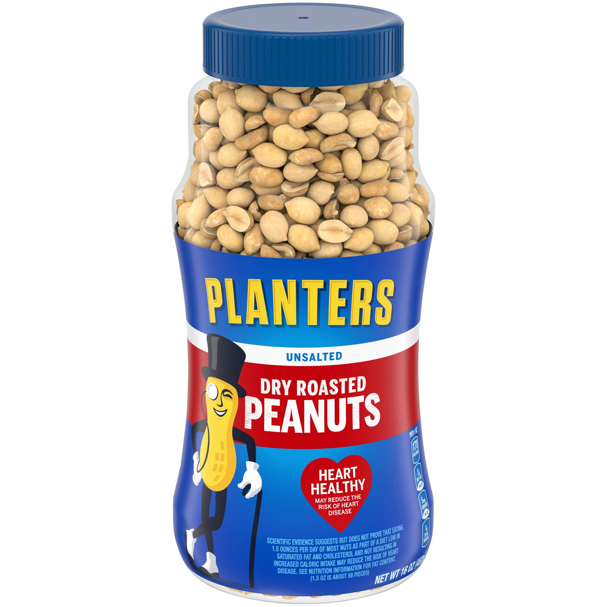 Planters Unsalted Dry Roasted Peanuts jar close-up showing crunchy texture and low-sodium snack