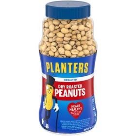 Planters Unsalted Dry Roasted Peanuts jar close-up showing crunchy texture and low-sodium snack