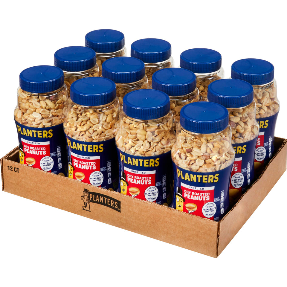 Planters unsalted dry roasted peanuts in a jar, showcasing natural crunch.