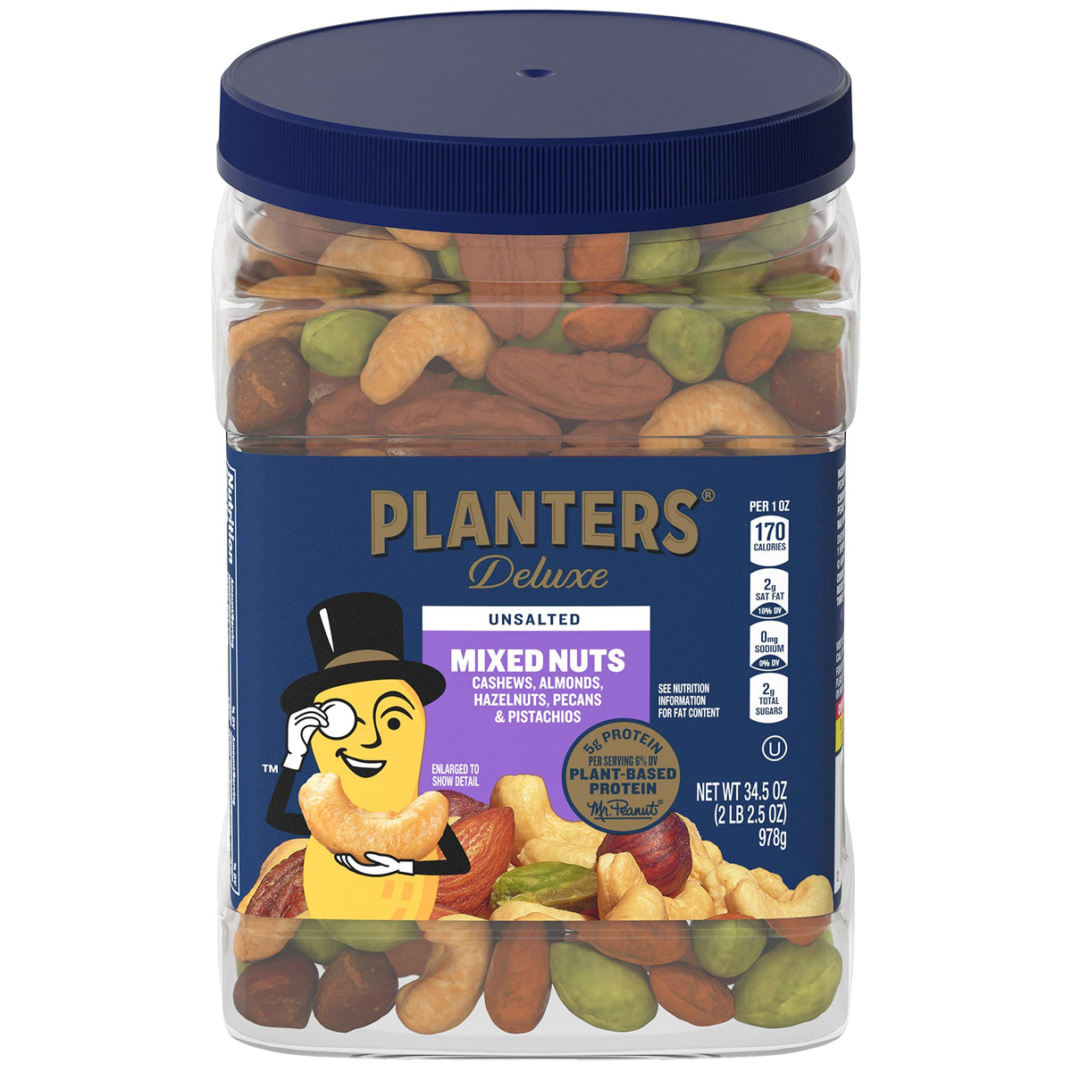 Planters Unsalted Premium Nuts jar in a resealable container for easy, on-the-go snacking