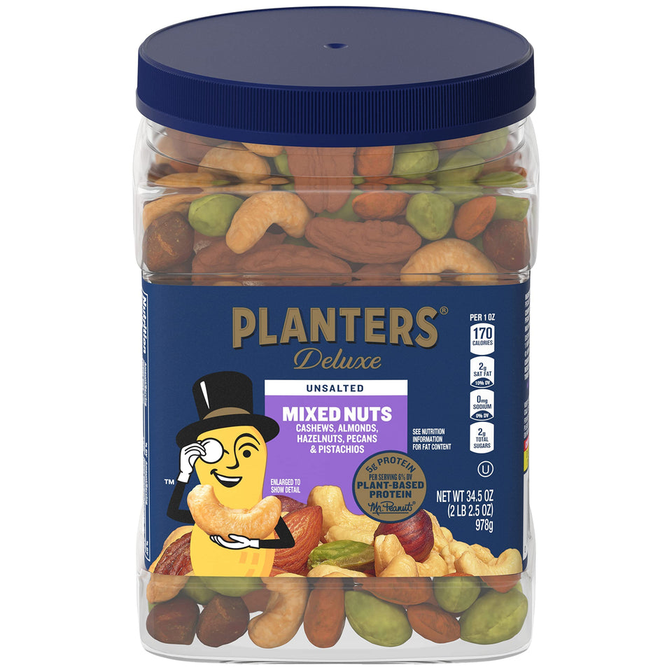 Planters Unsalted Premium Nuts jar in a resealable container for easy, on-the-go snacking